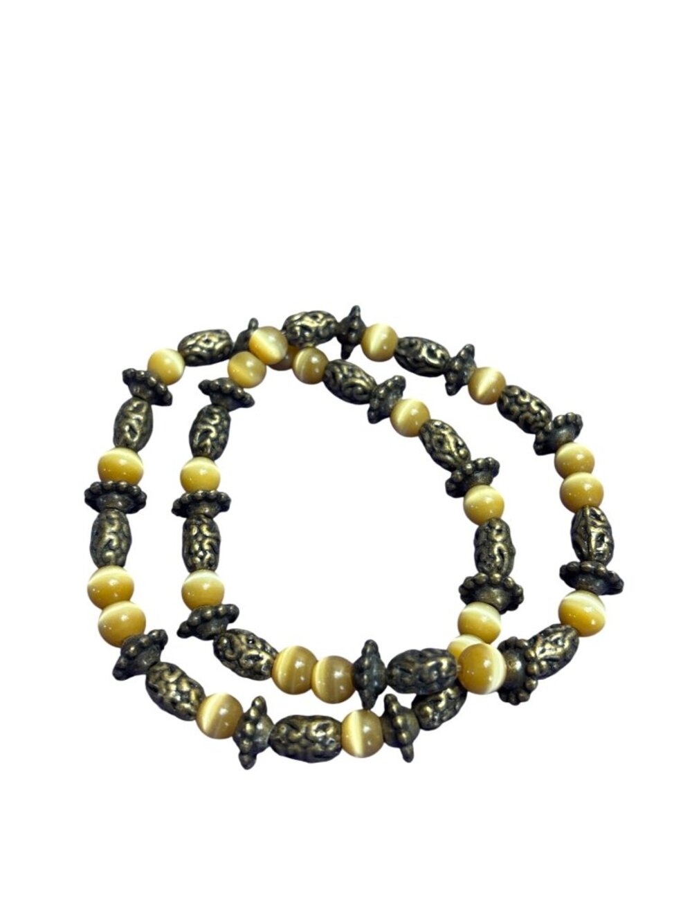Set of 2 Slightly Stretchy Yellow Cat's Eye Antiqued Goldtone Beaded Bracelets